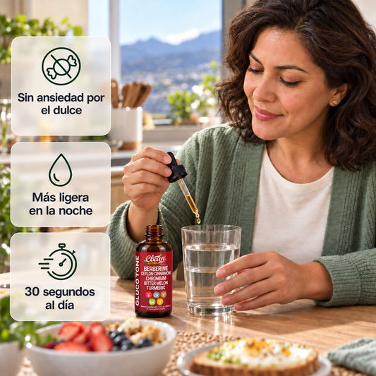 Mujer tomando gotas de berberina GlucoTone en agua en el desayuno