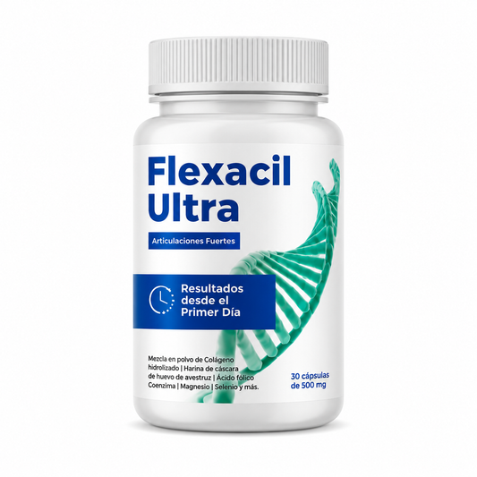 Frasco de Flexacil Ultra, suplemento con colágeno hidrolizado, 30 cápsulas de 500 mg