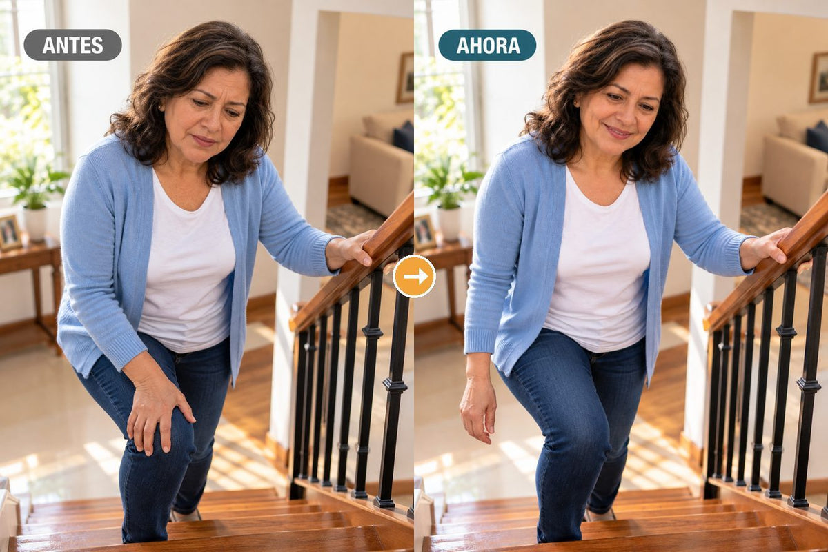 Antes y ahora: la misma mujer subiendo una escalera, primero con incomodidad y luego relajada