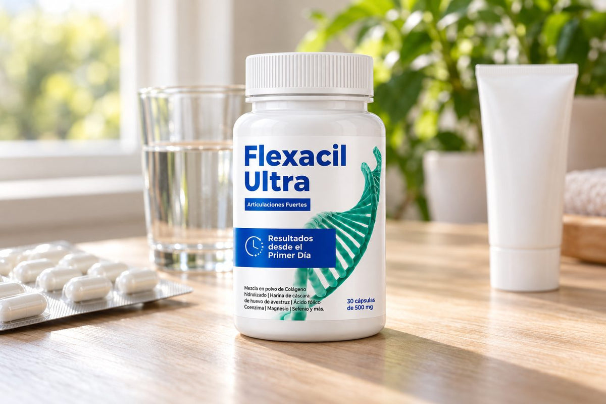 Frasco de Flexacil Ultra junto a pastillas y una crema para el dolor