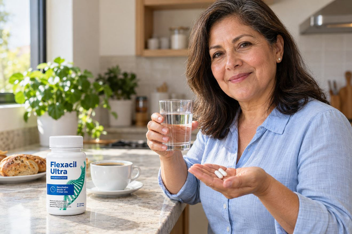 Mujer tomando 2 cápsulas de Flexacil Ultra con un vaso de agua en su cocina