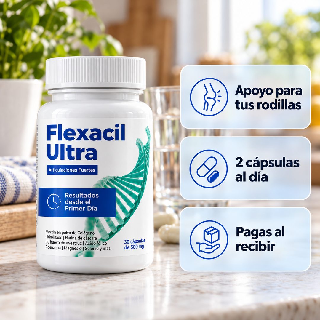 Frasco de Flexacil Ultra en la cocina: apoyo para tus rodillas, 2 cápsulas al día, pagas al recibir