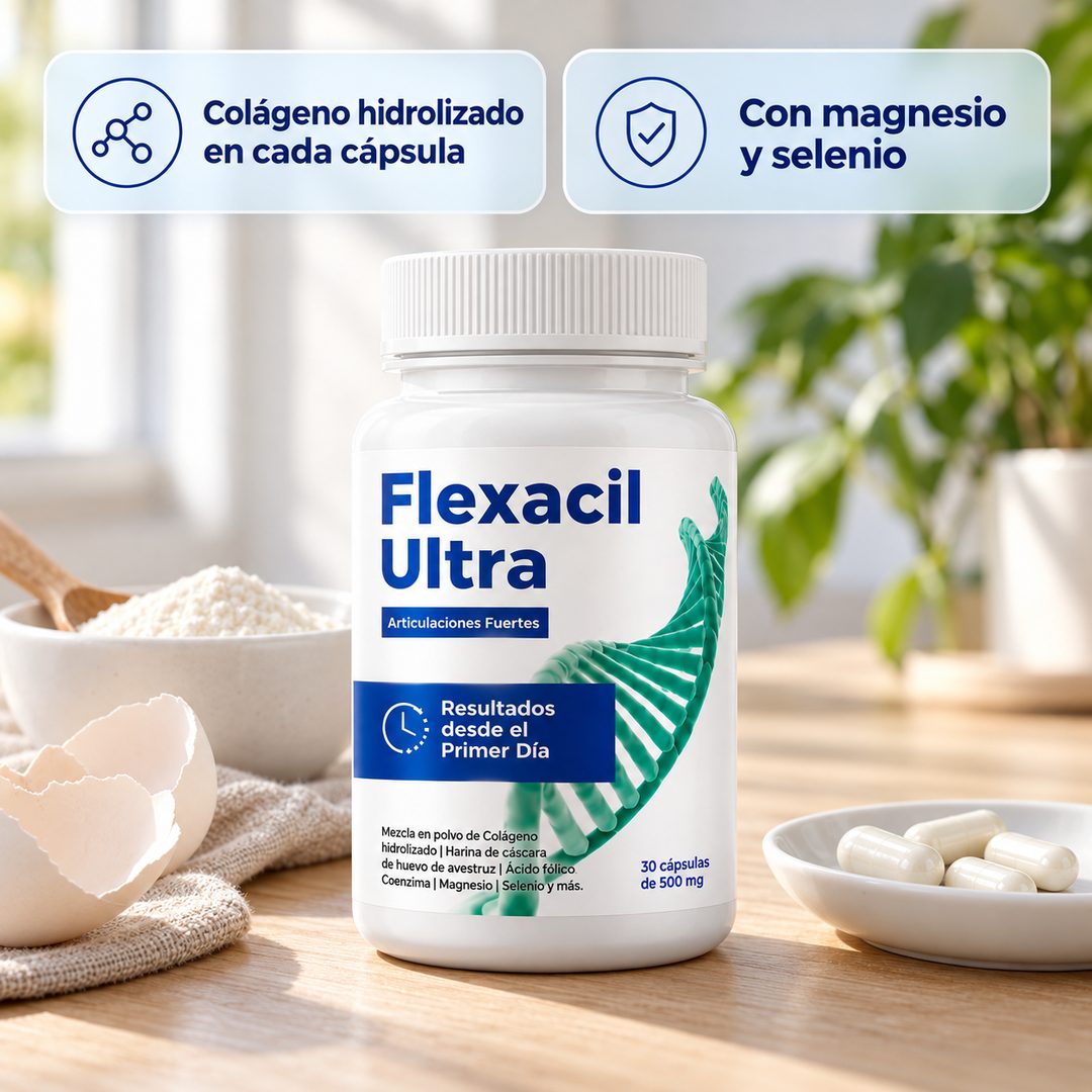 Frasco de Flexacil Ultra con colágeno hidrolizado, magnesio y selenio